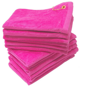 Wholesale Hot Pink Velour 11" x 18" Fingertip Golf Towels with Corner Grommet & Hook in bulk