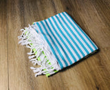 Sea Blue and Lime Green Color Premium 100% Cotton Turkish Peshtemal Beach Towels