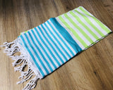 Sea Blue and Lime Green Color Premium 100% Cotton Turkish Peshtemal Beach Towels