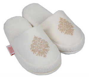 Turkish Deluxe Terry Cotton Classic Spa Bath Slippers for Women, Closed Toe, Beige Color