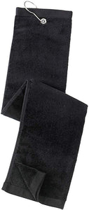 Tri-fold Golf Towel with Metal Bag Clip, Black Color