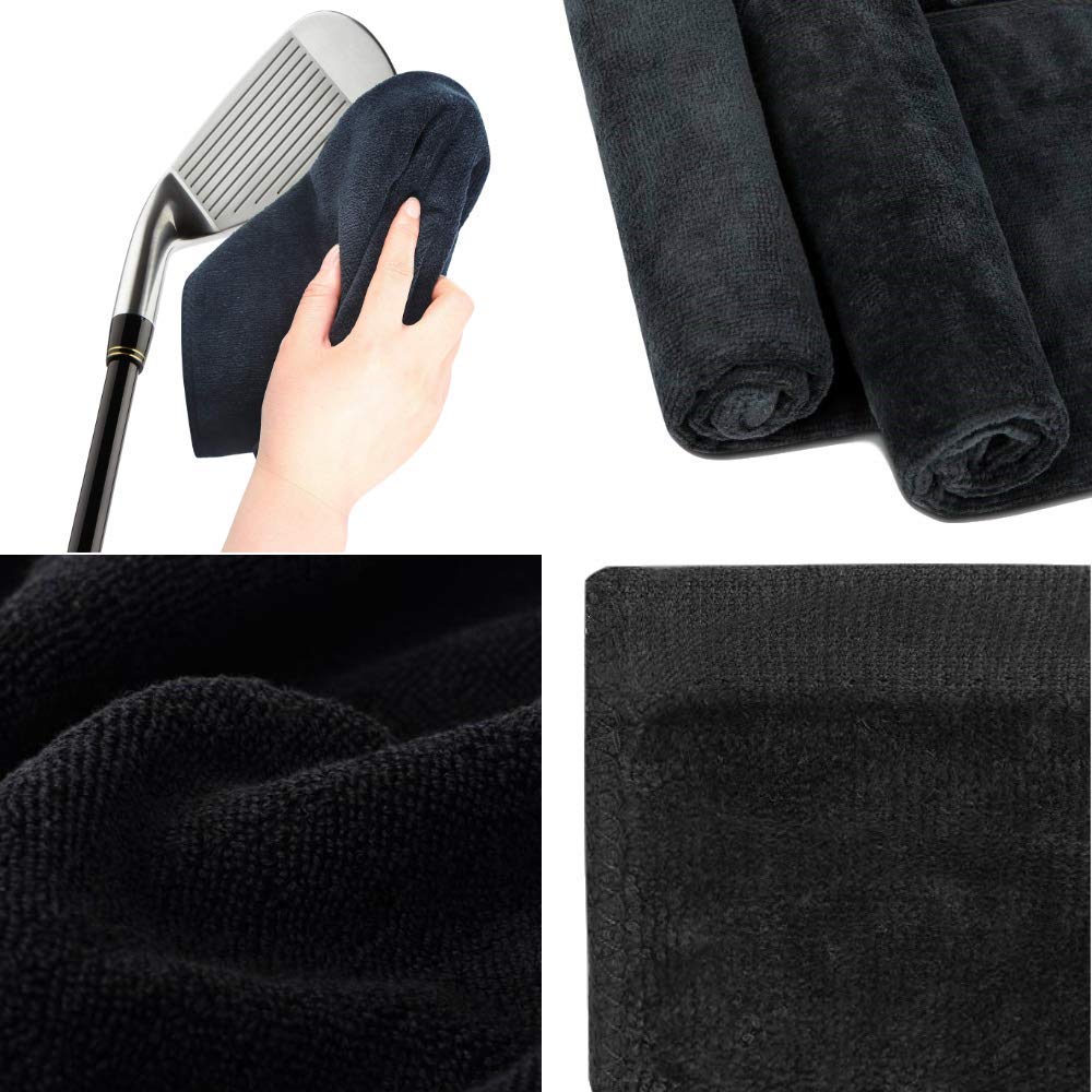 wholesale Tri-fold Golf Towel with Metal Bag Clip, Black Color