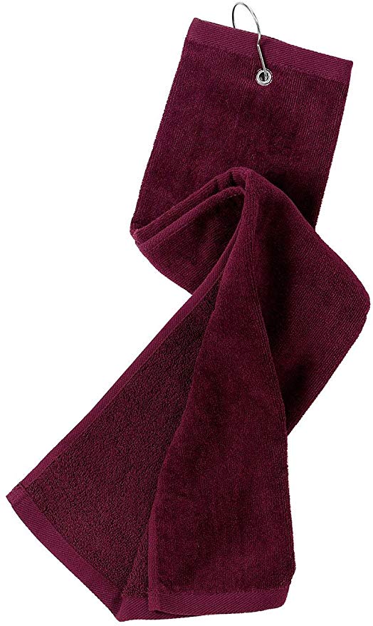 wholesale Tri-fold Golf Towels in bulk with Metal Bag Clip, Maroon Color